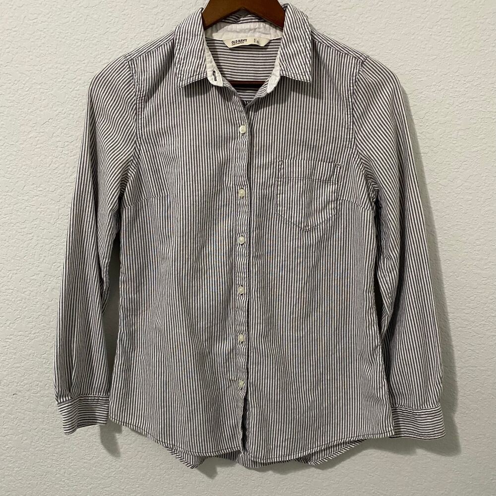 Old Navy Button Up Shirt Womens S Gray White Stripe